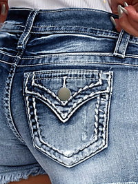 Embroidered Pockets Washed Denim Shorts, Raw Hem Slash Pockets Short Denim Pants, Women's Denim Jeans & Clothing
