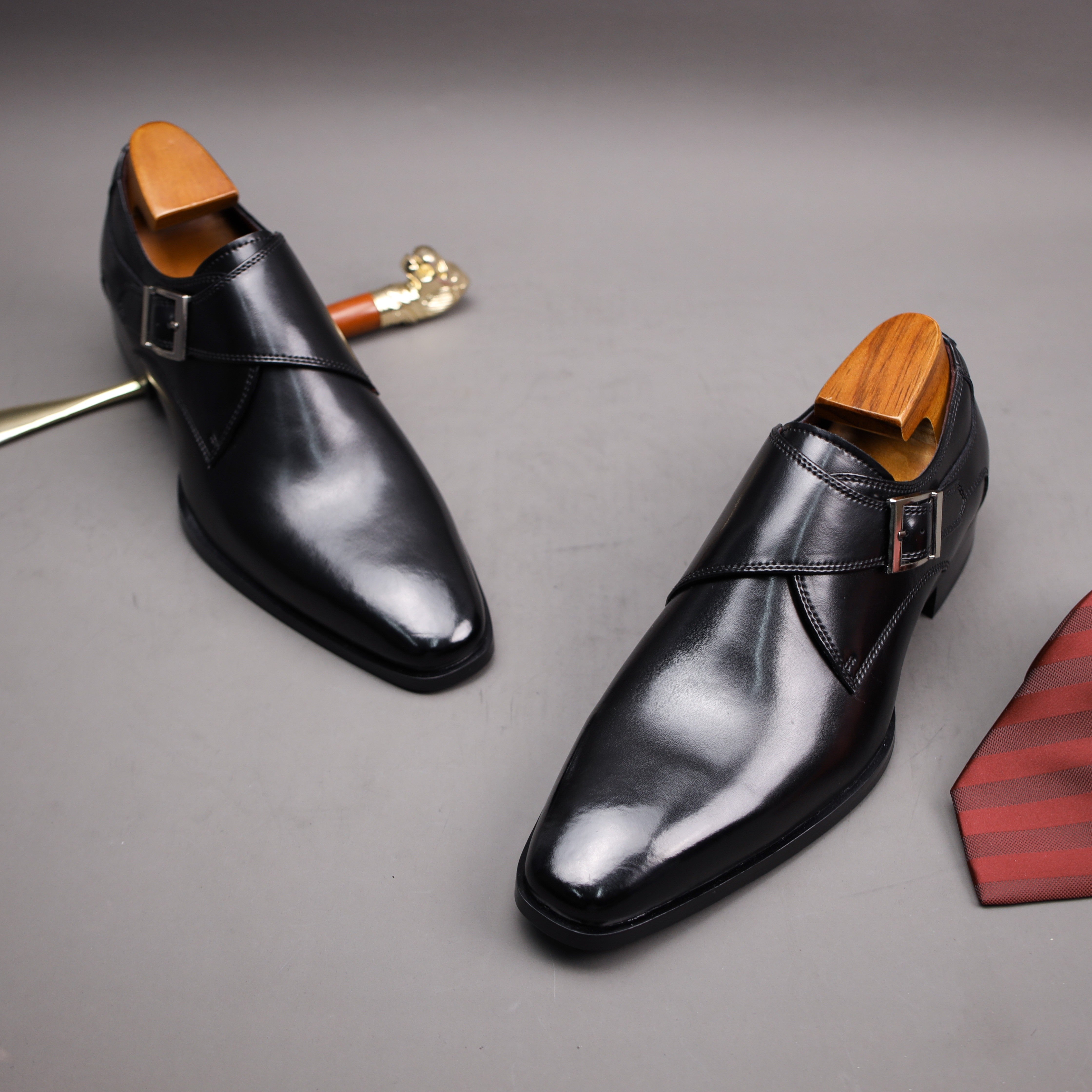 Men's Second Layer Cowhide Upper Solid Color Monk Shoes, Comfy Non Slip Rubber Sole Durable Dress Shoes, Men's Footwear