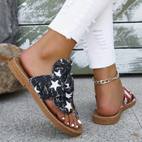 Women's Flag Pattern Slide Sandals, Bowknot Toe Loop Slip On Flat Shoes, Casual Sandals For The 4th Of July Summer Casual Shoes For Independence Day