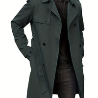 Plus Size Men's Trendy Windbreaker Double-breasted Belt Lapel Casual Slim Long Jacket Coat