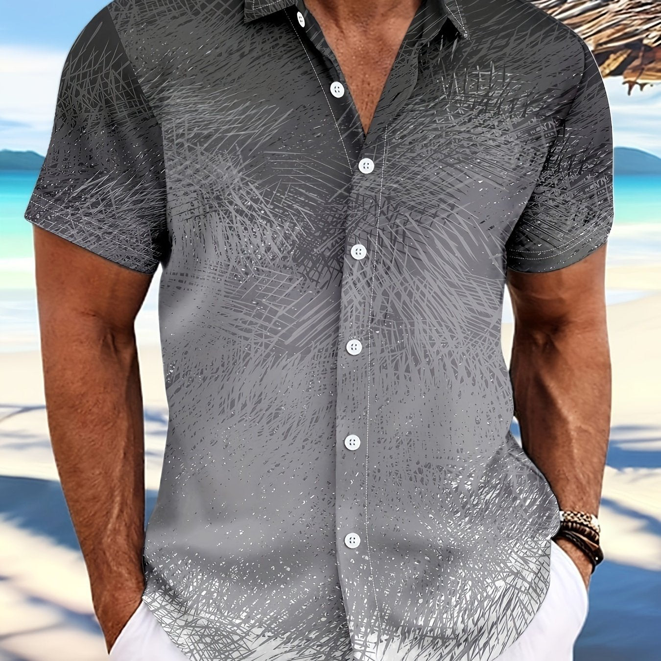 Men's Vibrant Pink to Purple Gradient Short Sleeve Shirt - Lightweight Polyester, Button-Up with Chest Pocket, Ideal for Summer Beach Parties & Casual Wear, Beach Wear