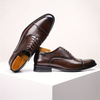 [Trendy Cow Leather Oxford Shoes] Men's Trendy Split Cow Leather Upper Cap Toe Oxford Shoes, Comfy Non Slip Casual Rubber Sole Formal Shoes, Men's Footwear