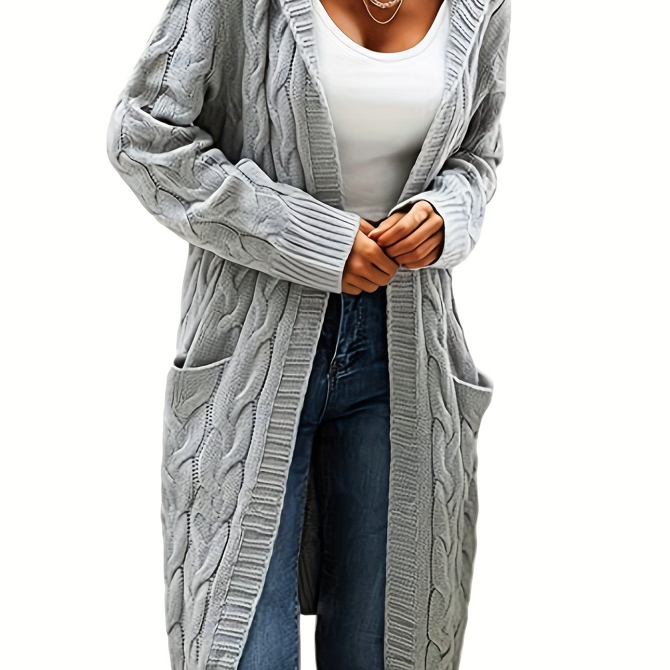 Women's Casual Long Hooded Knit Cardigan with Cable Knit Pattern, Front Pockets - Cozy Acrylic Sweater Coat for Fall/Winter, Machine Washable, Winter Layering|Open Front Cardigan|Buttonless Cardigan