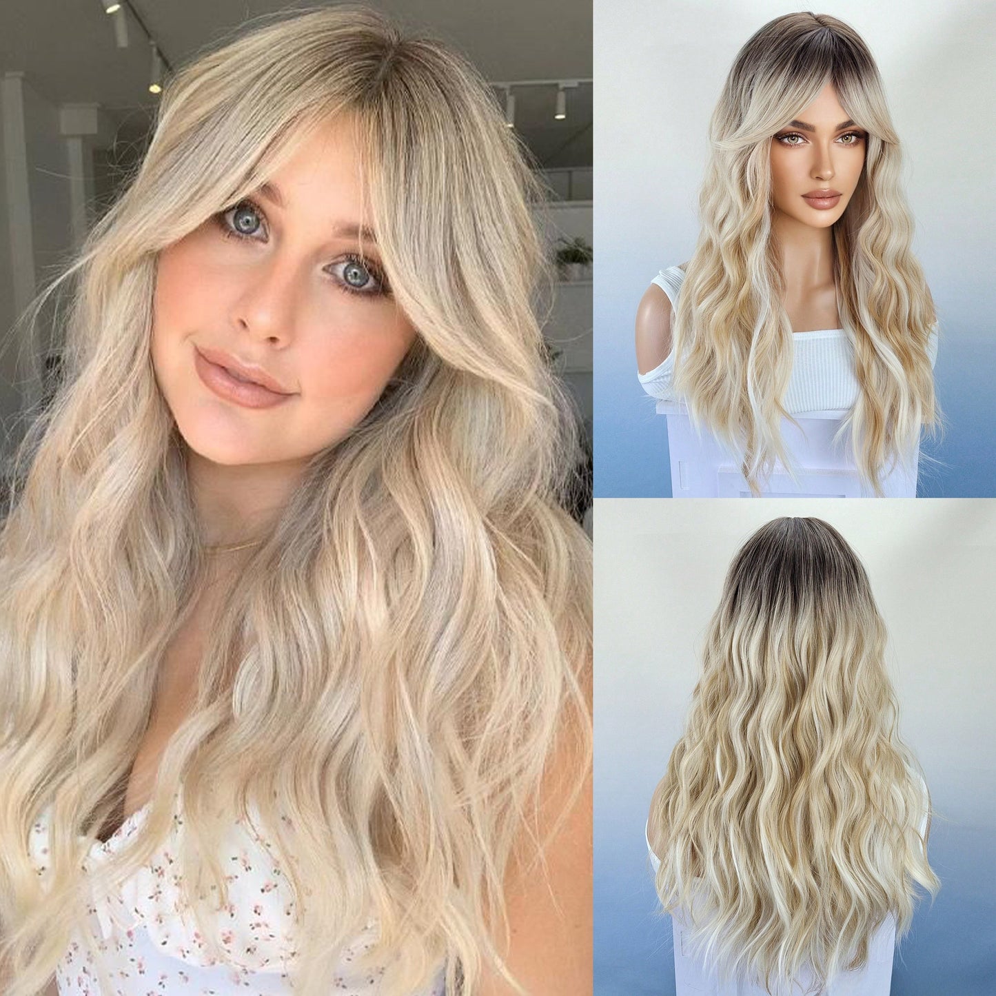 Long Ombre Brown Blonde Wavy Wigs With Curtain Bangs For Women Synthetic Curly Wig Heat Resistant Fiber Wigs For Daily Cosplay