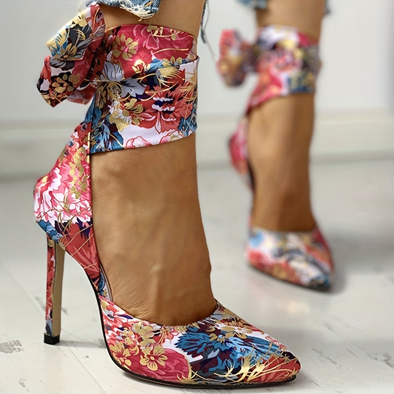 Women's Strappy Floral Print Satin Stiletto High Heels - Pointed Toe Lace Up D'Orsay Pumps with Ultrahigh Heel, Fabric Upper & Man Made Sole | Party & Dress Shoes | Fashion Stiletto Sandals