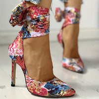 Women's Strappy Floral Print Satin Stiletto High Heels - Pointed Toe Lace Up D'Orsay Pumps with Ultrahigh Heel, Fabric Upper & Man Made Sole | Party & Dress Shoes | Fashion Stiletto Sandals