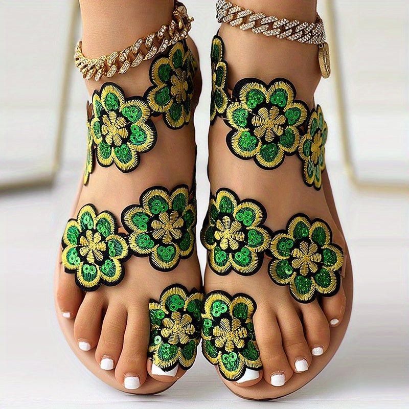 [Flowers Flat Women's Sandals] Women's Flowers Flat Sandals, Fashion Toe Loop Faux Pearl Slip On Shoes, Casual Beach Travel Sandals