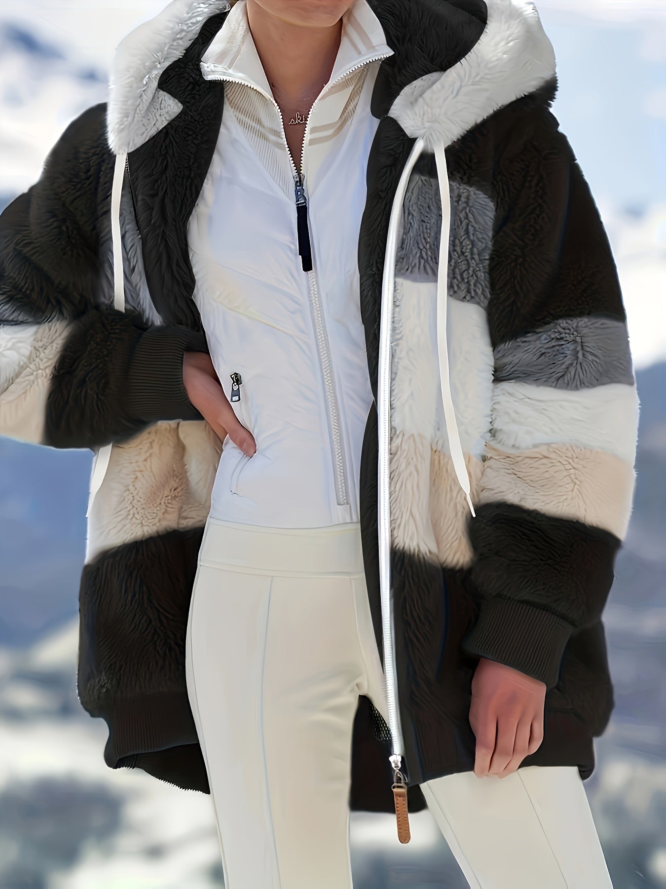 Womens Ultra-Soft Teddy Fleece Color Block Hooded Coat - Stylish Zip Up Winter Warm Outerwear with Full Hood and Long Sleeves - Trendy Casual Clothing for Chilly Days