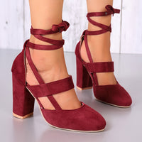 [Elegant Sandals] Elegant High Heel Sandals | Women's - Solid Color Fabric Upper, Round Toe, Lace-Up Ankle Strap, Block Heel, Rubber Sole, Man-Made Insole & Inner Material