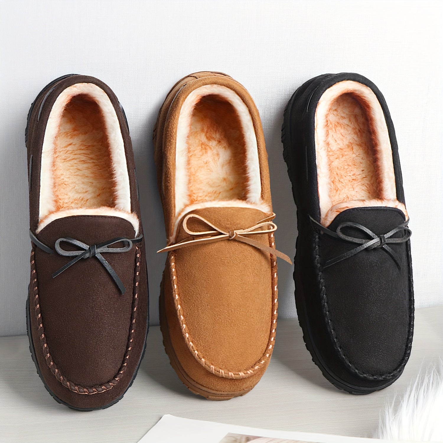 Plus Size Men's Solid Colour Slip On Loafer Shoes With Warm Plush Lining, Comfy Non Slip Rubber Sole Durable Home Shoes, Men's Footwear