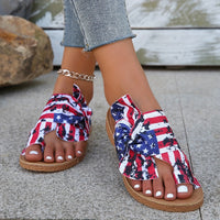 Women's Flag Pattern Slide Sandals, Bowknot Toe Loop Slip On Flat Shoes, Casual Sandals For The 4th Of July Summer Casual Shoes For Independence Day