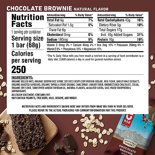 CLIF BAR - Chocolate Brownie Flavor - Made with Organic Oats - 10g Protein - Non-GMO - Plant Based - Energy Bars - 2.4 oz. (12 Pack)