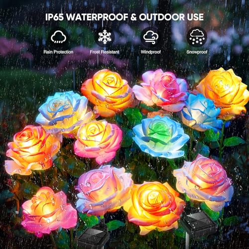 Solar Lights Outdoor Waterproof, 4 Pack Solar Garden Lights Outside, Outdoor Solar Lights for Yard with 20 Rose Solar Flowers Lights, Garden Lights Solar Powered Waterproof Yard Decorations Outdoor