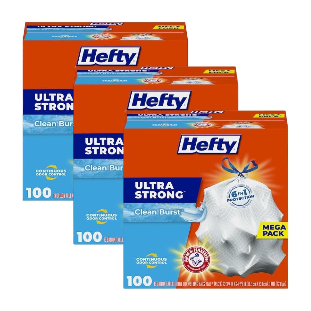 Hefty Ultra Strong Tall Kitchen Trash Bags, Clean Burst Scent, 13 Gallon, 100 CT (Pack - 3)