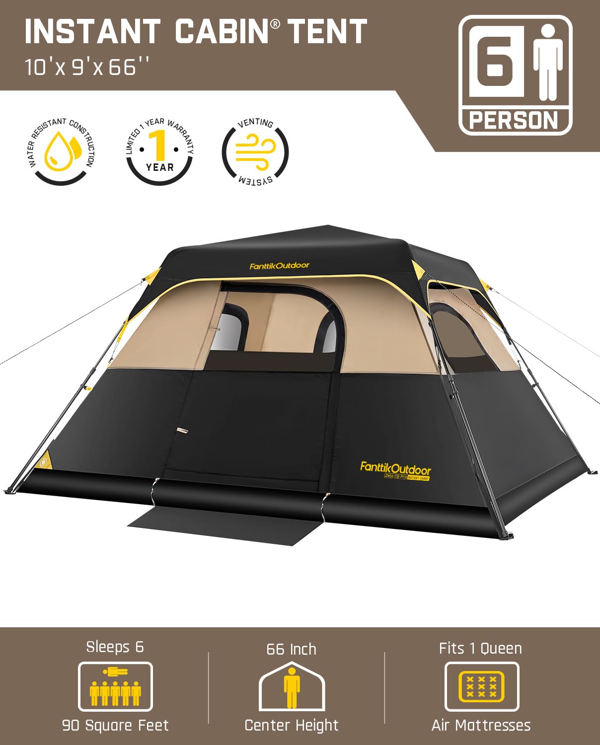 FanttikOutdoor Zeta C6 Pro Camping Tent 6 Person Instant Cabin Tent Setup in 60 Seconds with Rainfly & Windproof Portable Tent with Carry Bag for Family Camping & Hiking, Upgraded Ventilation