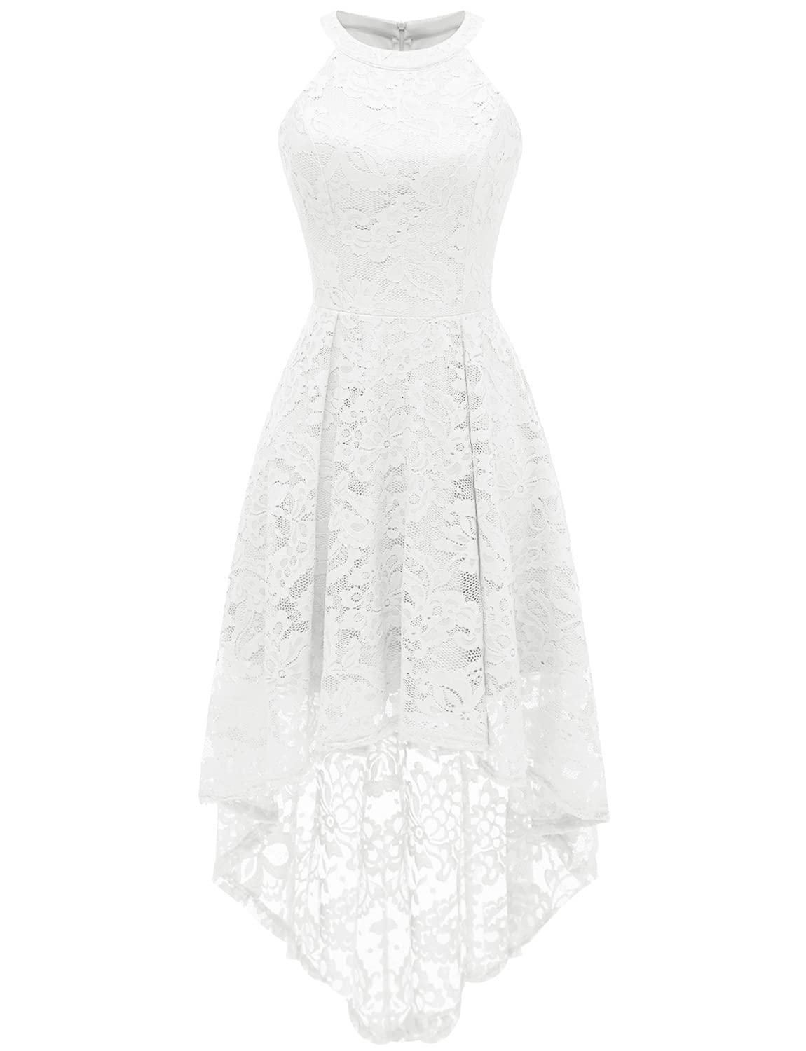 Dressystar 0028 Halter Floral Lace Cocktail Party Dress Hi-Lo Bridesmaid Dress White S