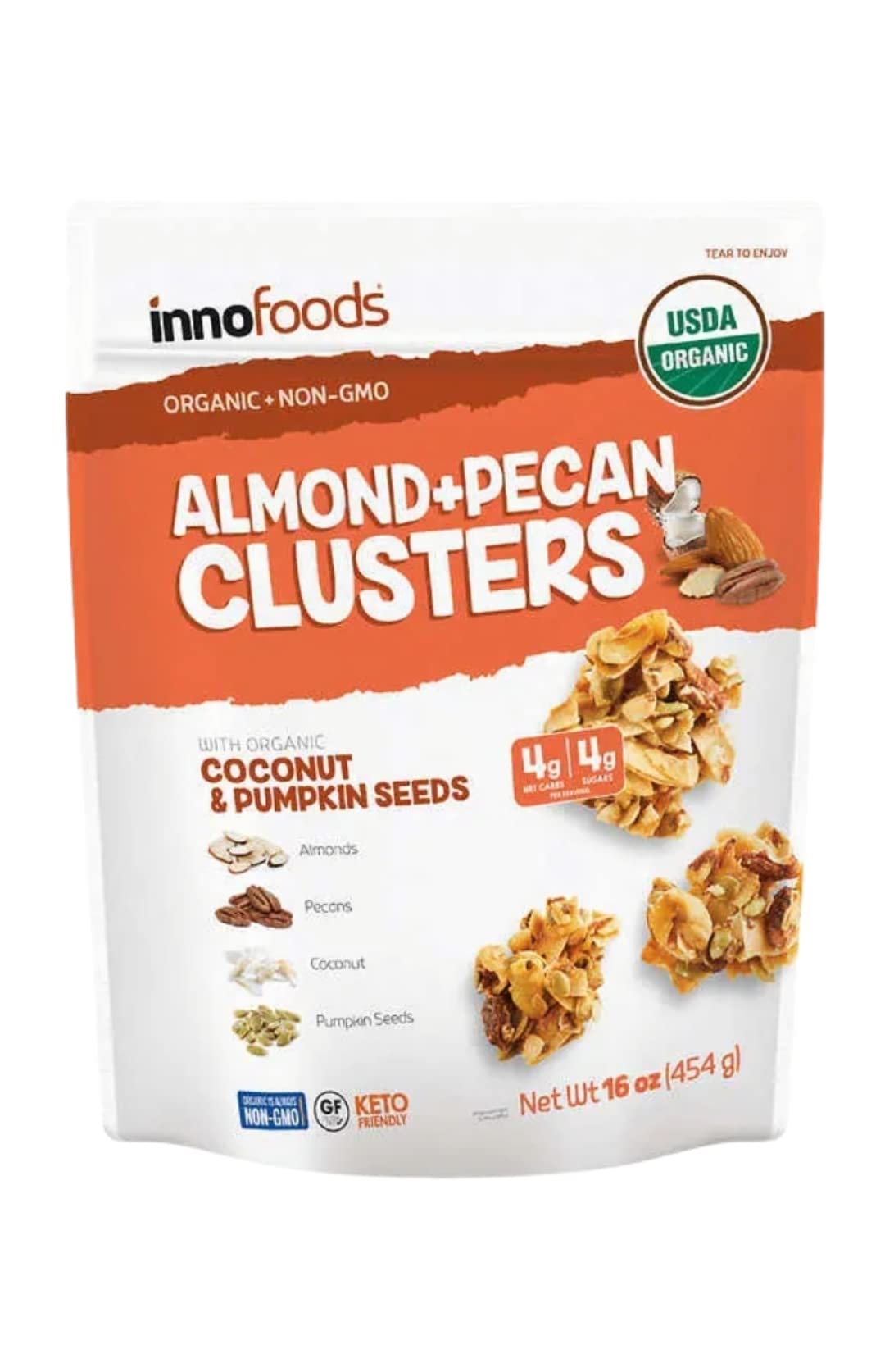 Organic Almond Pecan Clusters Inno Foods Bundle - Pack of 2 Bags - 32 oz Total - Gluten Free, Non GMO, Keto Friendly, and Vegan Friendly - Comes with Stone Cove Fridge Magnet