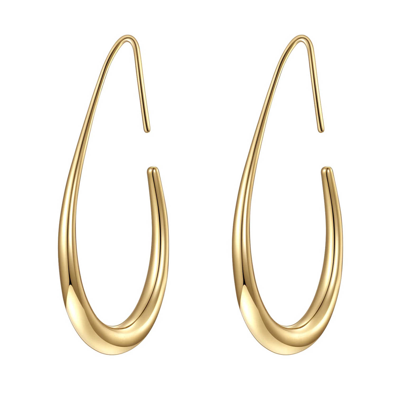Lightweight Teardrop Hoop Earrings for Women - 14k Gold/White Gold Plated Large Oval Pull Through Hoop Earrings High Polished Statement Jewelry Gift for Women Teen Girls