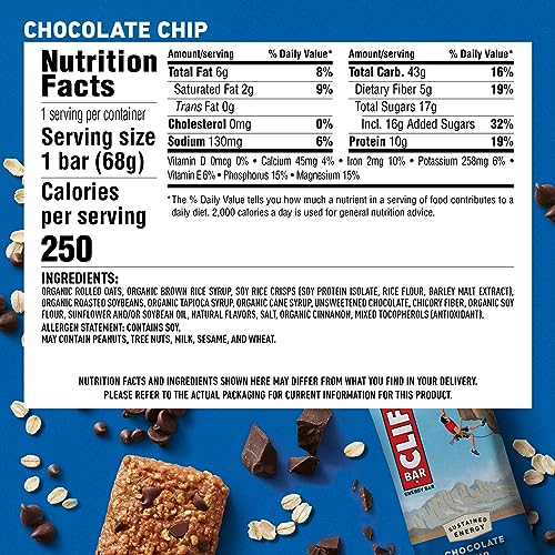 Clif Bar - Chocolate Chip - Made with Organic Oats - 10g Protein - Non-GMO - Plant Based - Energy Bars - 2.4 oz. (12 Pack)