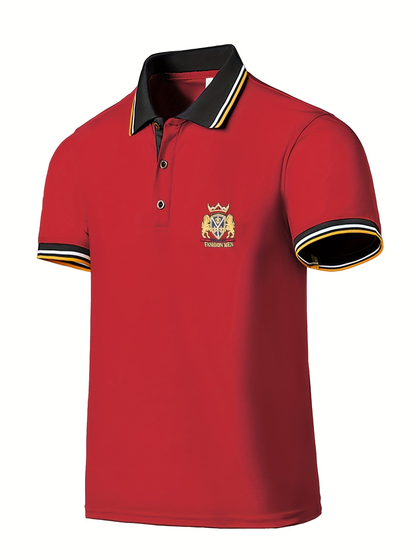 Men's Casual Shirt - Vibrant Red with Golden Embroidered Crest, Short Sleeve Summer Shirt, Regular Fit, Black & Yellow Trim Collar, Breathable Fabric for Casual & Semi-Formal Wear, Contrast Stripe Detailing