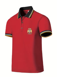 Men's Casual Shirt - Vibrant Red with Golden Embroidered Crest, Short Sleeve Summer Shirt, Regular Fit, Black & Yellow Trim Collar, Breathable Fabric for Casual & Semi-Formal Wear, Contrast Stripe Detailing