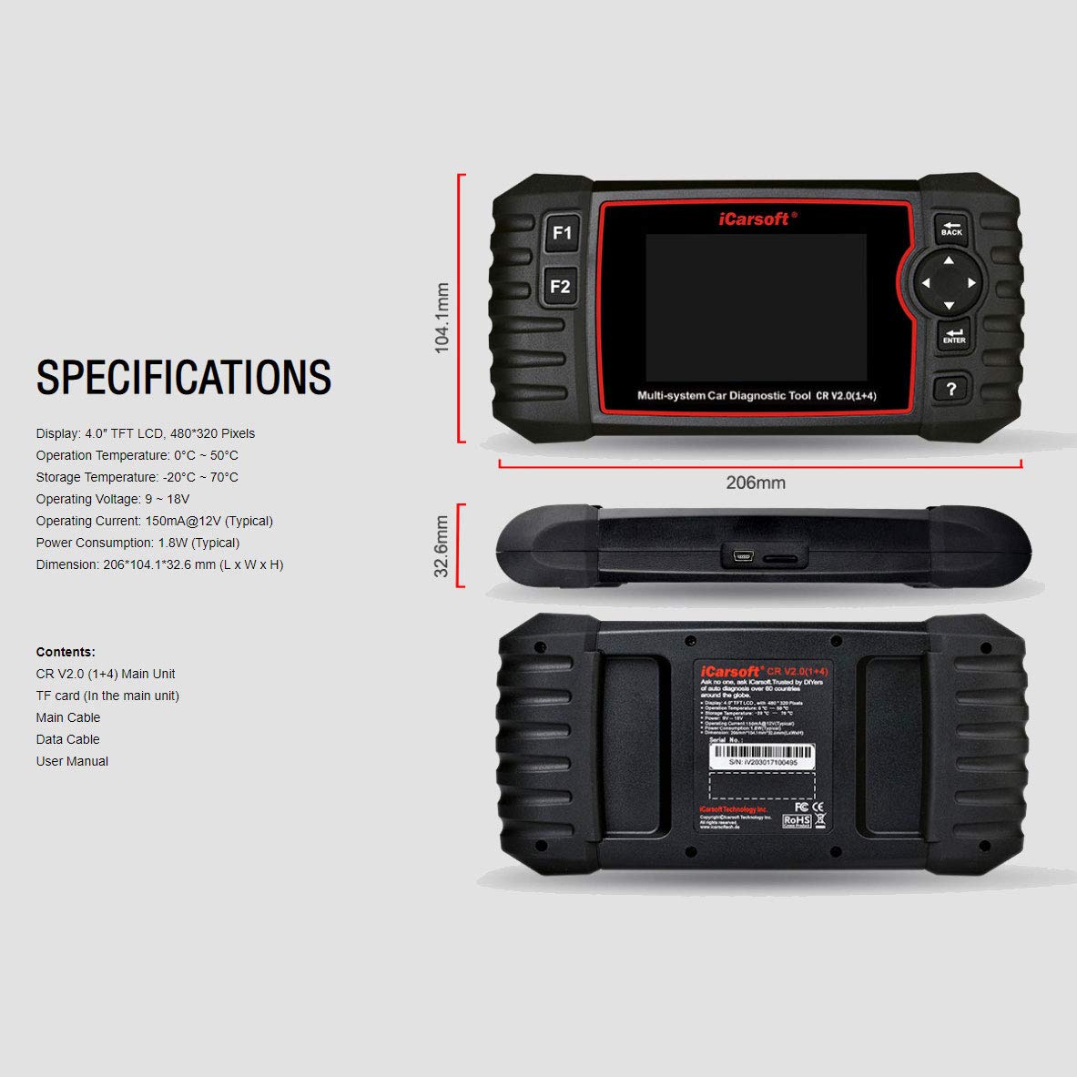 iCarsoft CR V2.0 Diagnostic Scan Tool for Multi-Brand Vehicles (10-19 Vehicle Choices) +Oil Reset +EPB+BMS+DPF+SAS+ETC+BLD+INJ