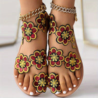 [Flowers Flat Women's Sandals] Women's Flowers Flat Sandals, Fashion Toe Loop Faux Pearl Slip On Shoes, Casual Beach Travel Sandals