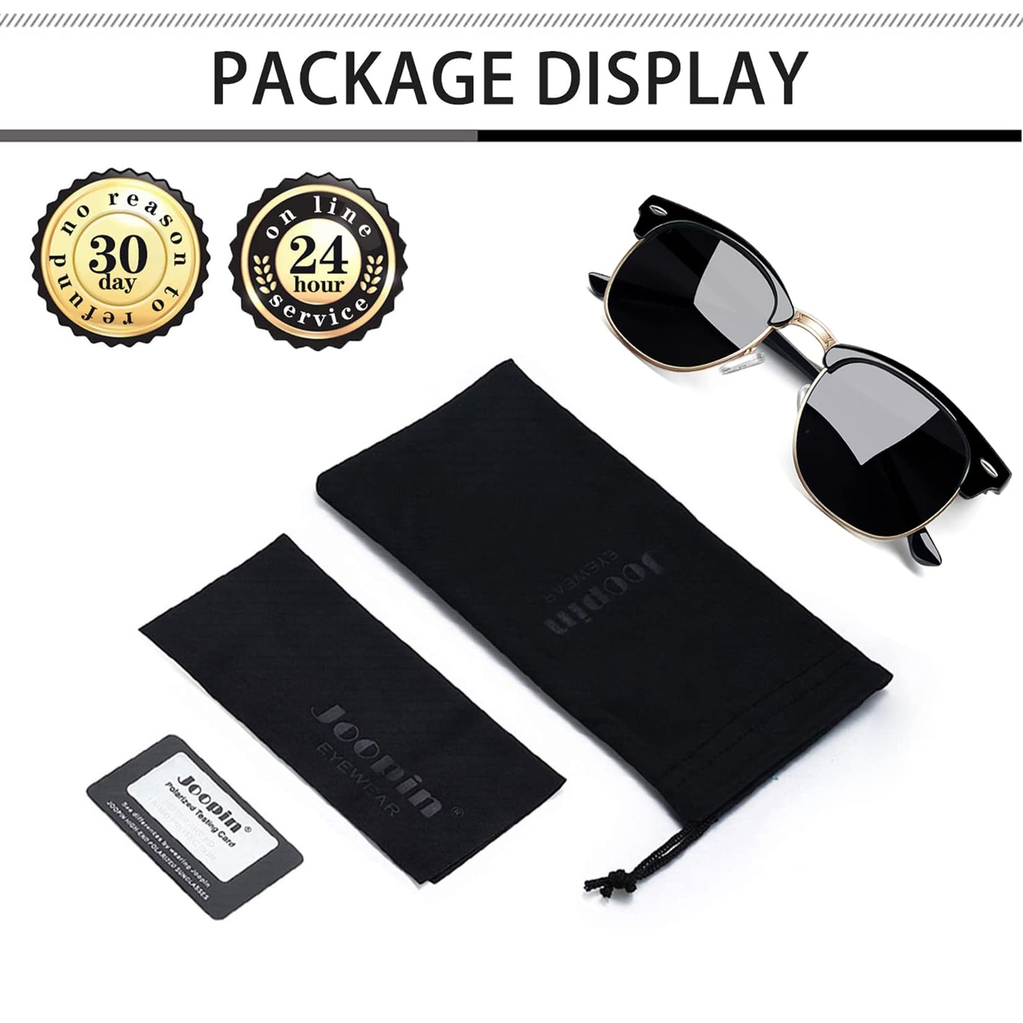 Joopin Semi Rimless Sunglasses Horn Rimmed Sun Glasses Polarized UV400 Half Frame Shades for Men Women (Black Simple Packaging)