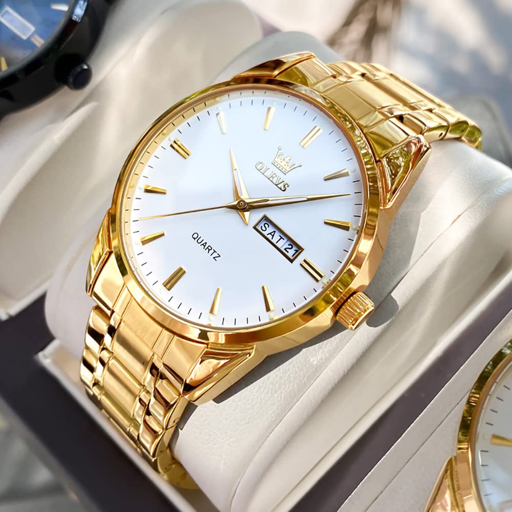 Gold Steel Watches for Men,Date Day Man Watch,Gold Men Watch White,Gold Waterproof Watch Men,Dress Watch for Men,Fashion Gold Wrist Watch for Men,Men Watches Luxury,Luminous Male Watch,OLEVS Watch Men