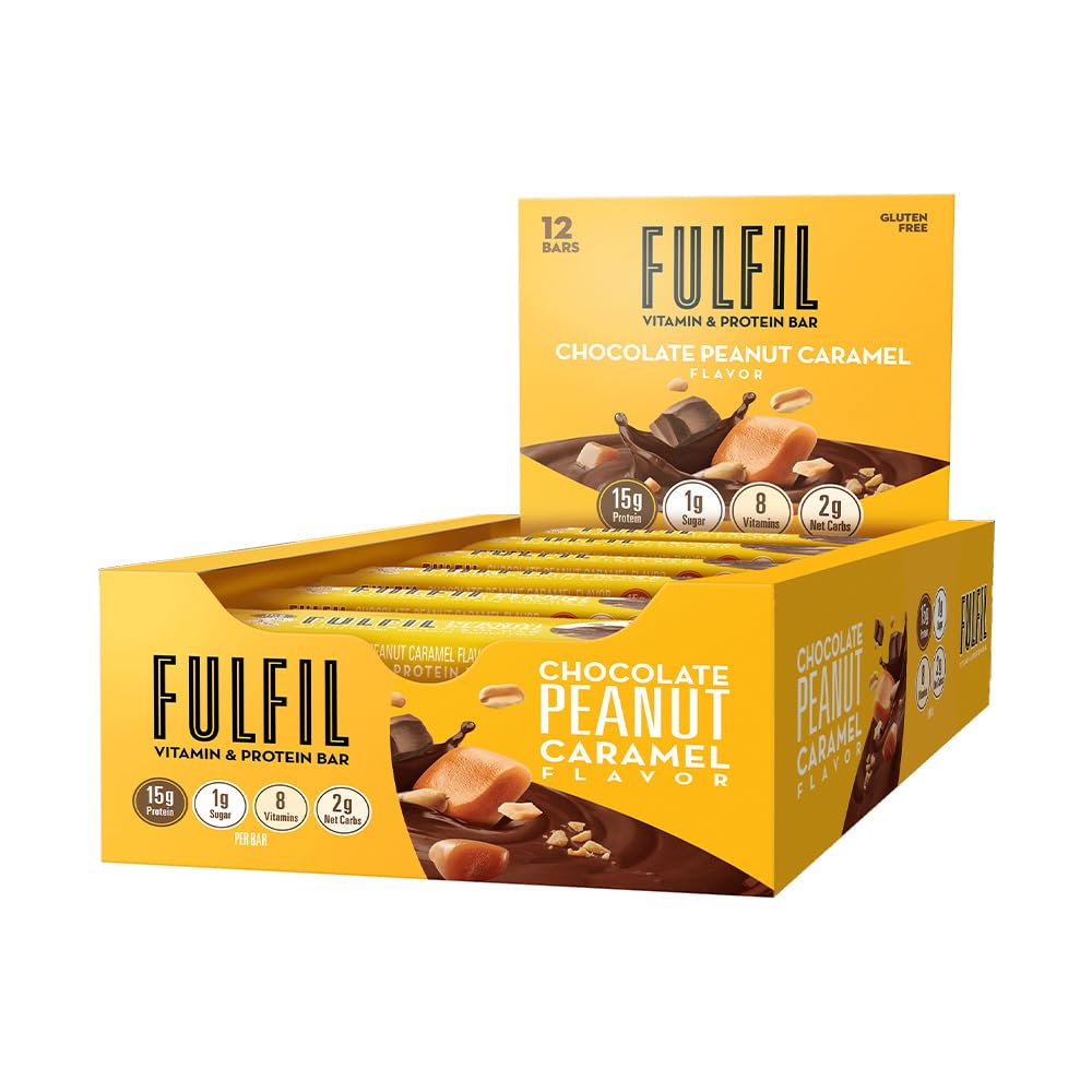 FULFIL Vitamin and Protein Bars, Chocolate Peanut and Caramel, Snack Sized Bar with 15 g Protein and 8 Vitamins Including Vitamin C, 12 Count