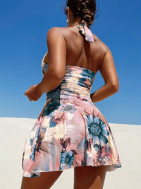 Flattering Ruched Vintage Floral Swimsuit - Chic Halter Tie Neck, Stretchy One-piece Swim Dress - Womens Bathing Suit with Adjustable Detailing