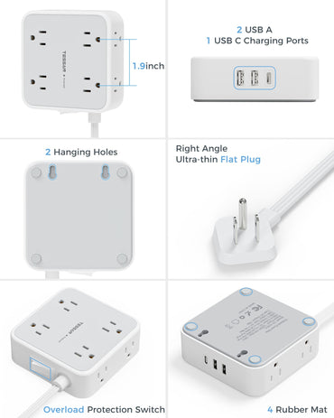 Surge Protector Flat Extension Cord Flat Plug Power Strip, 8 AC Outlets, 3 USB Charger(1 USB C Port) 3-Sided Outlet Extender, 5 Ft, 900 Joules Protection, Office Supplies, Dorm Room Essentials, Grey