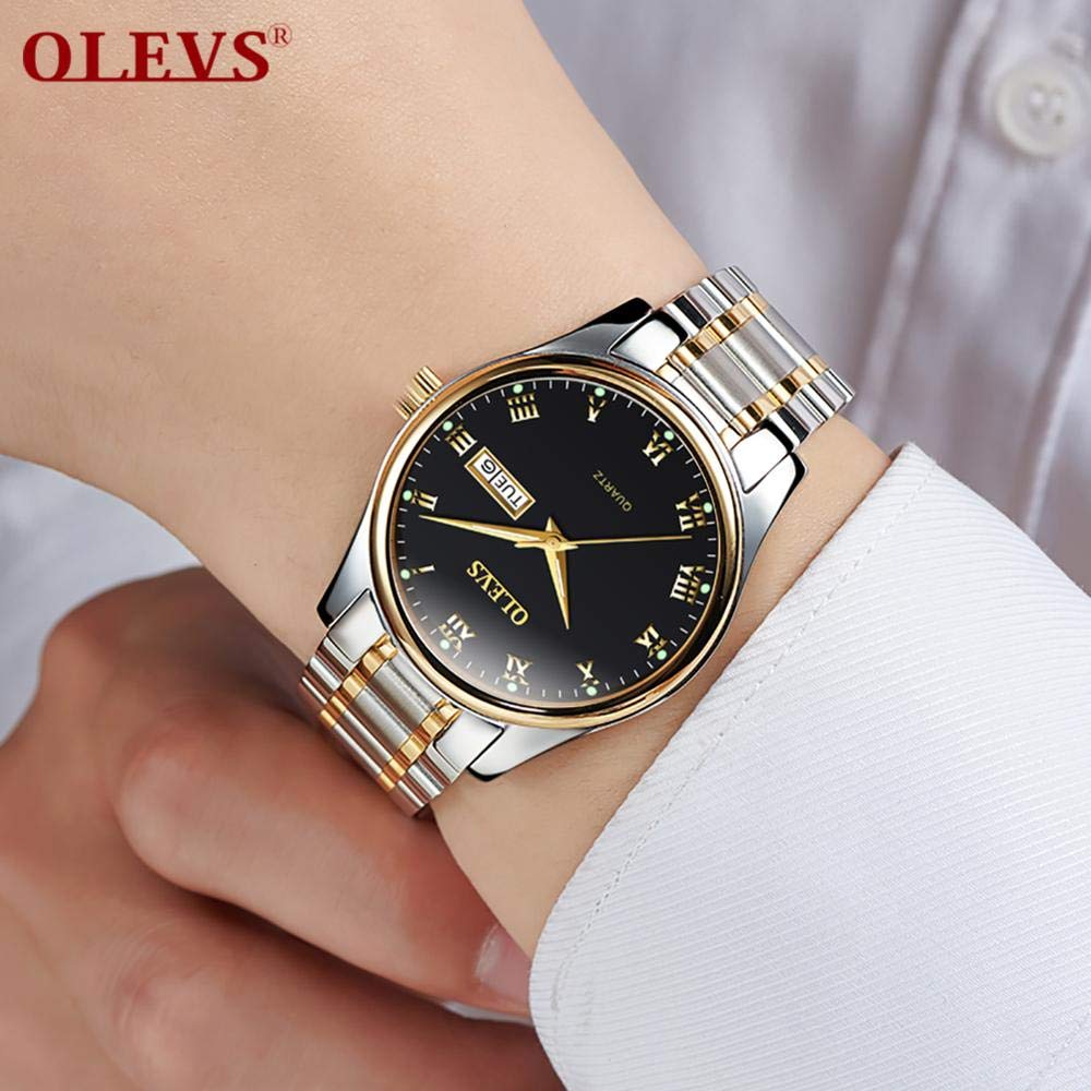 Mens Watches with Day and Date,Mens Dress Wrist Watch Casual Classic Stainless Steel Quartz Watch,Roman Numeral Watches for Men Black Calendar Wristwatch for Man,Mens Luminous Watch,Black Dial Watch