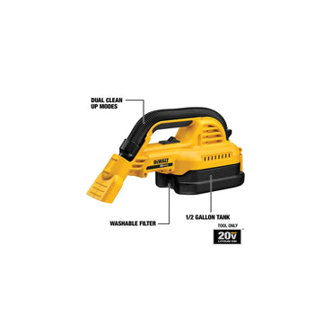 DEWALT 20V MAX Hand Vacuum, Cordless, for Wet or Dry Surfaces, 1/2-Gallon Tank, Washable Filter, Portable, Bare Tool Only (DCV517B)