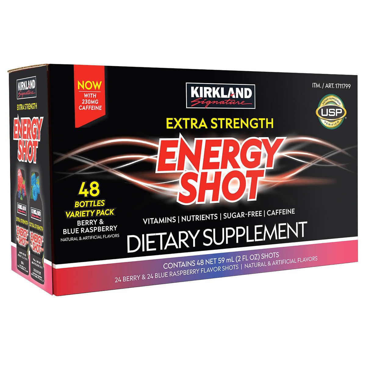 Kirkland Signature Extra Strength Energy Shot, Dietary Supplement: 48 Bottles Variety Pack of 2 Fl Oz