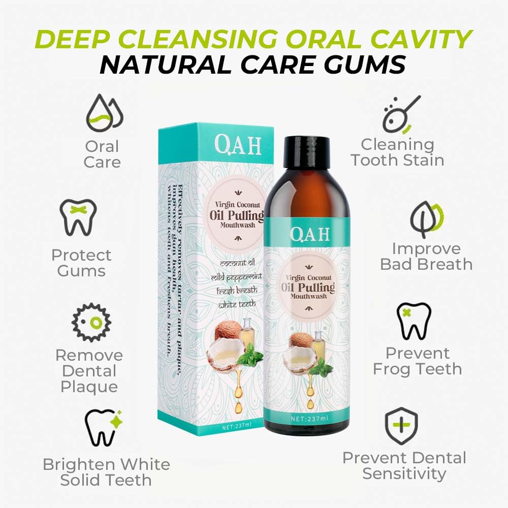 QAH Coconut Oil Pulling for Teeth Therapy, 100% Natural Virgin Coconut Oil and Mint Essential Oil Helps Fresh Breath, Teeth Whitening, Oral Care, Gum Health, Coconut & Peppermint Mouthwash