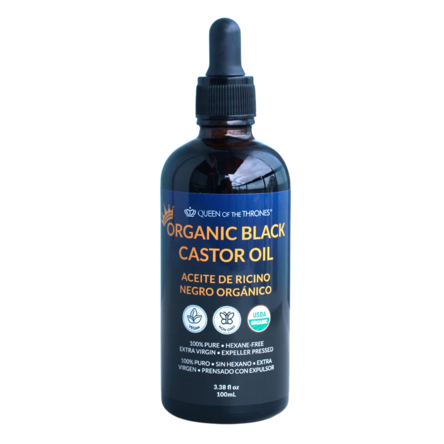 QUEEN OF THE THRONES® Organic Black Castor Oil - 100mL with Dropper| 100% Pure, Certified Organic, Hexane-Free, Extra Virgin | Moisturizing & Conditioning Oil for Skin, Hair & Nails