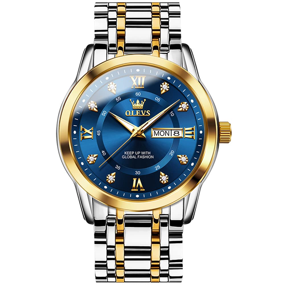 OLEVS Men's Watches Gold and Blue Mens Watches Luxury Dress Watches for Men Classic Two Tone Mens Wrist Watches Analog Quartz Watches Mens Waterproof Stainless Steel Watches Reloj para Hombre