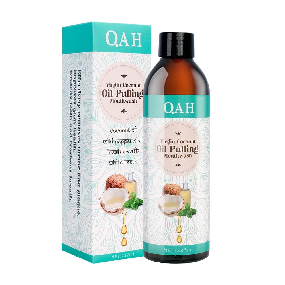 QAH Coconut Oil Pulling for Teeth Therapy, 100% Natural Virgin Coconut Oil and Mint Essential Oil Helps Fresh Breath, Teeth Whitening, Oral Care, Gum Health, Coconut & Peppermint Mouthwash