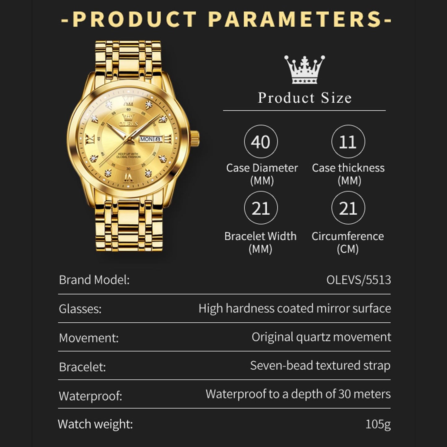 OLEVS Watch for Men Luxury Gold Mens Watch with Day and Date Waterproof Gold Stainless Steel Men's Watch Diamond Roman Numerals Dress Men's Wrist Watches Analog Quartz Watch Men,Reloj de Hombre