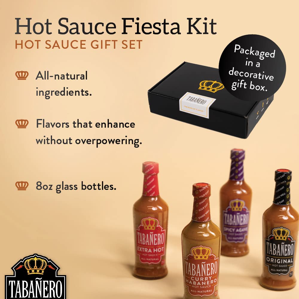 Hot Sauce Gift Sets by Tabañero, Fiesta Gift Set: Original, Extra Hot, Spicy Agave, Curry Habanero, All Natural, Gluten Free, Kosher, Made in the USA, 4 Pack, 8 Oz. Hot Sauce Bottles