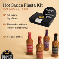 Hot Sauce Gift Sets by Tabañero, Fiesta Gift Set: Original, Extra Hot, Spicy Agave, Curry Habanero, All Natural, Gluten Free, Kosher, Made in the USA, 4 Pack, 8 Oz. Hot Sauce Bottles