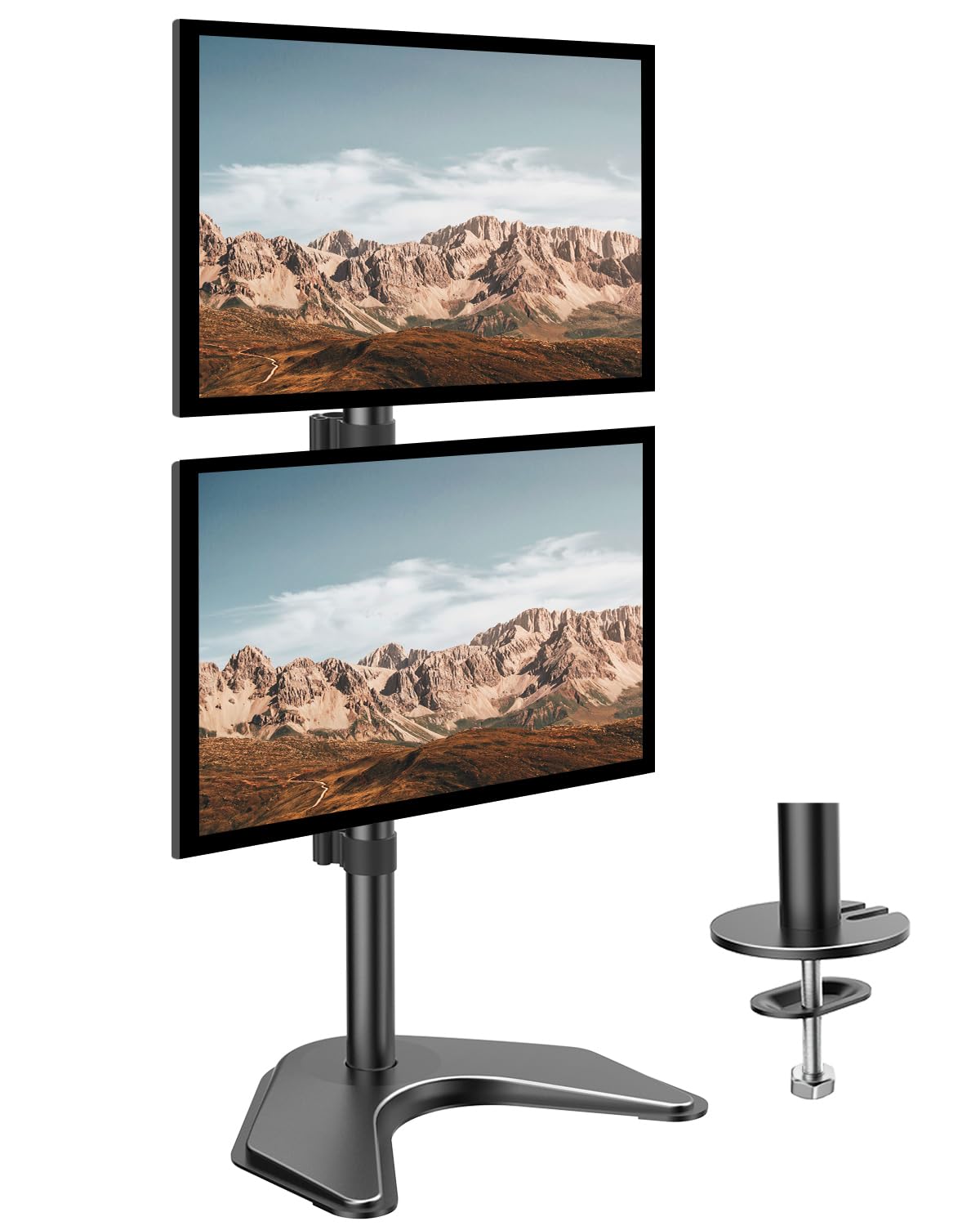 HUANUO Dual Monitor Stand,Vertical Stack Screen Free-Standing Holder LCD Desk Mount Fits Two 13 to 32 Inch Computer Monitors with C Clamp Grommet Base Stacking Displays Tilt Swivel Height Adjustable