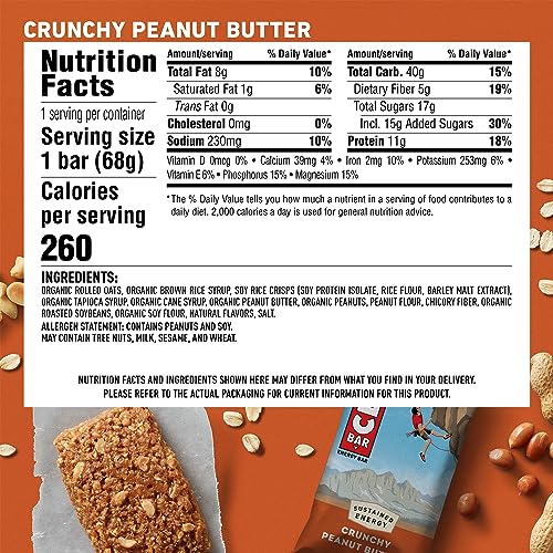 Clif Bar - Crunchy Peanut Butter - Made with Organic Oats - 11g Protein - Non-GMO - Plant Based - Energy Bars - 2.4 oz. (18 Pack)