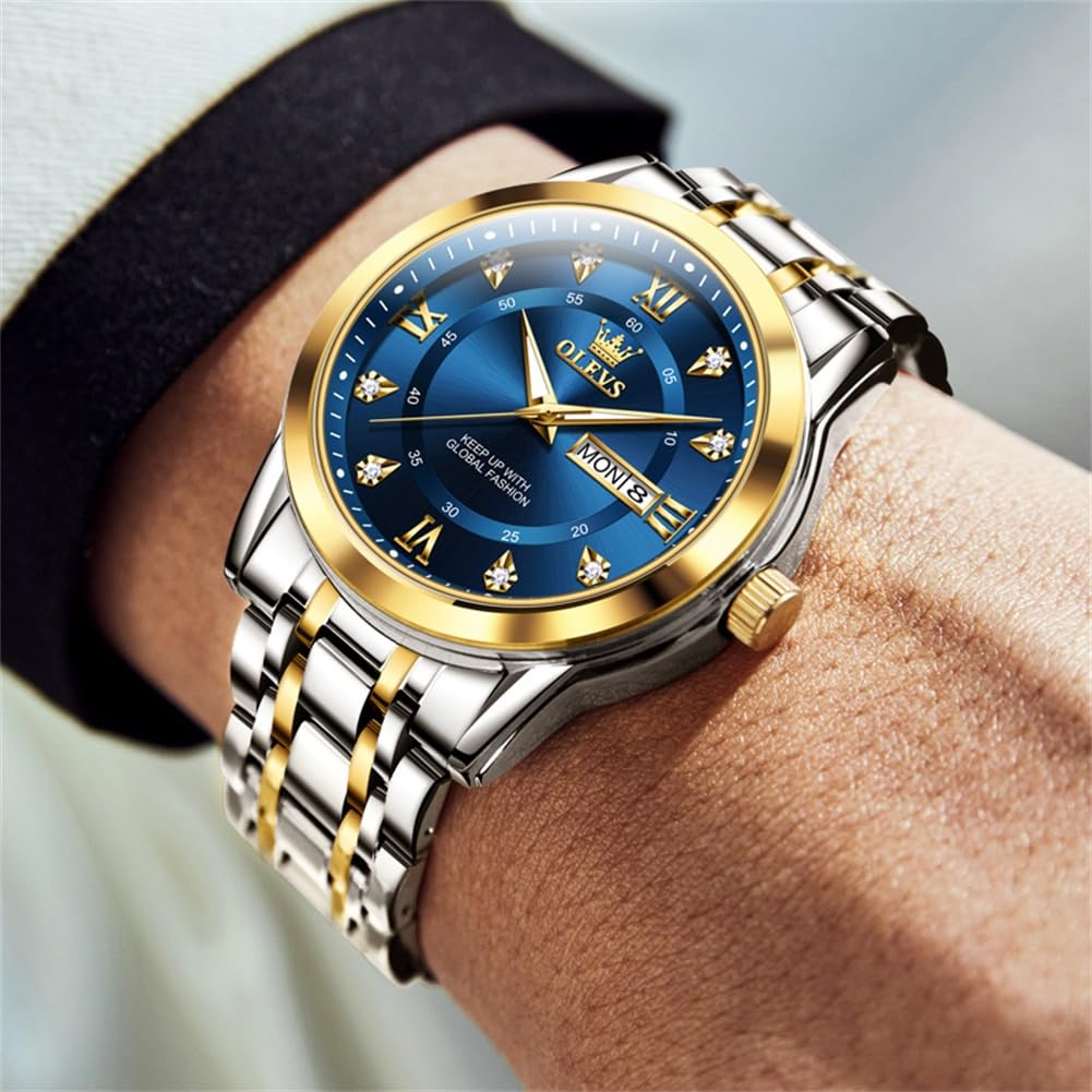 OLEVS Men's Watches Gold and Blue Mens Watches Luxury Dress Watches for Men Classic Two Tone Mens Wrist Watches Analog Quartz Watches Mens Waterproof Stainless Steel Watches Reloj para Hombre