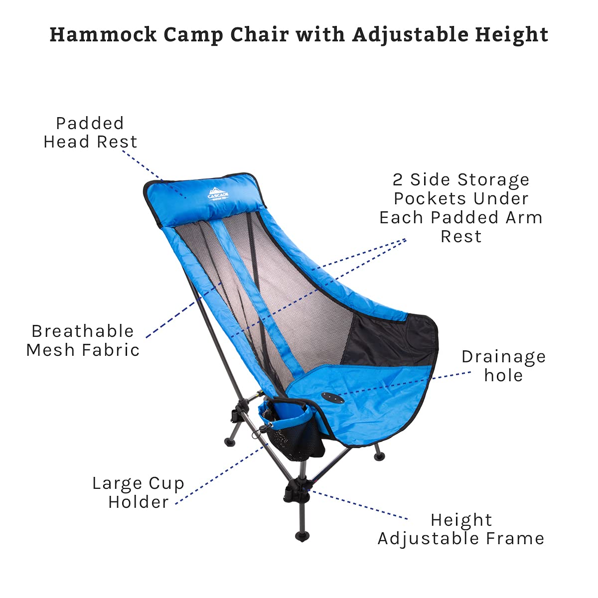 Cascade Mountain Tech Hammock Camp Chair with Adjustable Height - Ultralight for Backpacking, Camping, Sporting Events, Beach, and Picnics with Carry Bag - Royal Blue