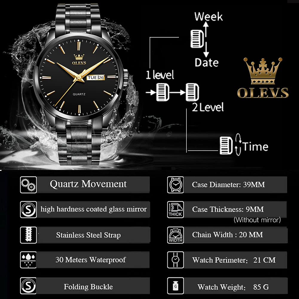 Date Day Watches for Men,Fashion Black Steel Watches for Men,Black Stainless Steel Quartz Watches Men,Man Watch,Black Dial Men's Steel Watch,Luminous Watch,Mens Dress Watch,Wrist Waterproof Watch Mens