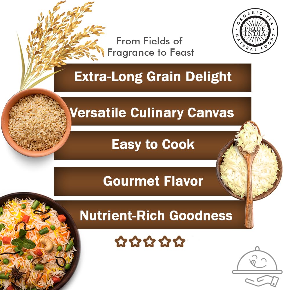 Pride Of India - Extra Long Brown Basmati Rice - Naturally Aged Healthy Grain, 1.5 Pound Jar