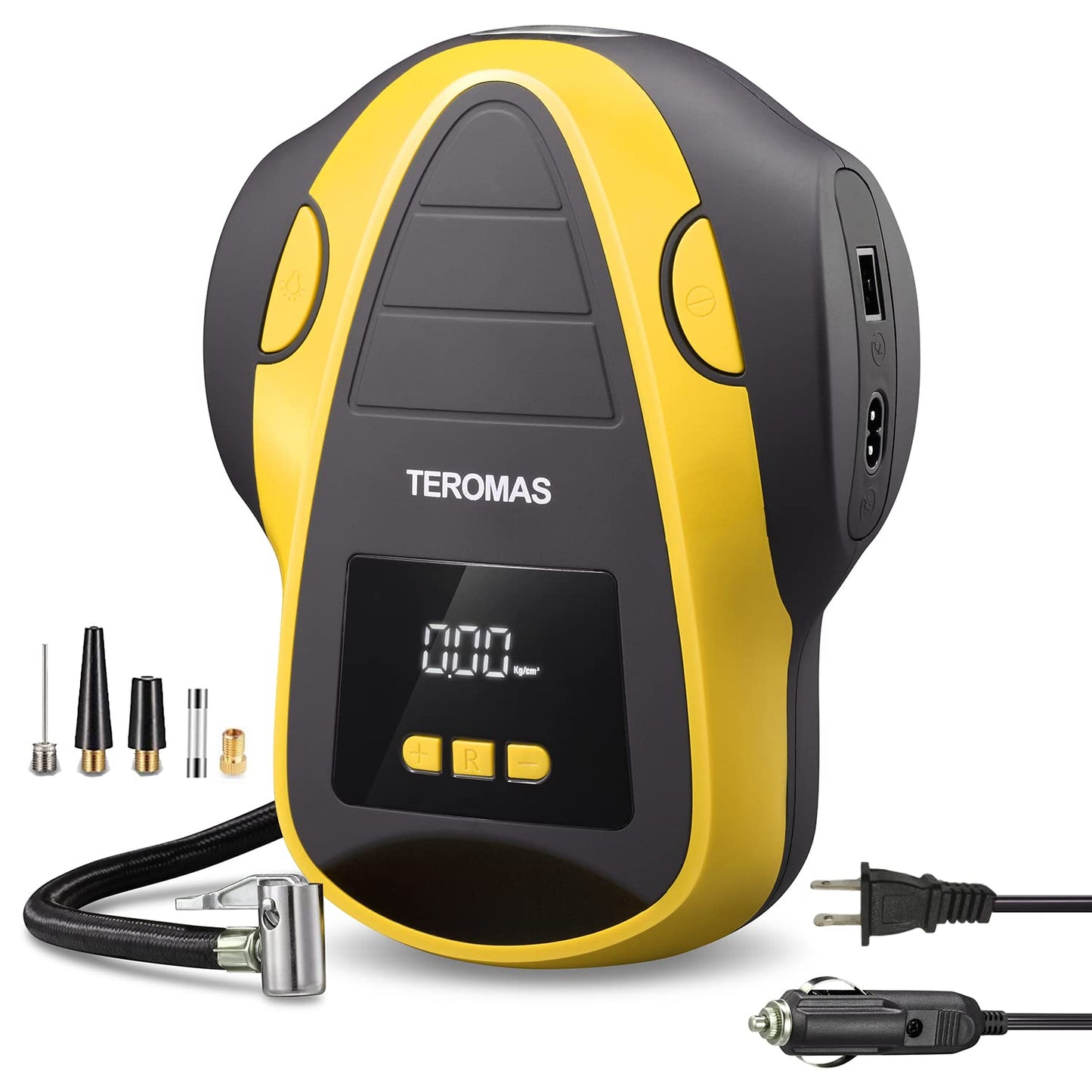 TEROMAS Tire Inflator Portable Air Compressor, 12V DC/110V AC Air Pump for Car Tires and Other Inflatables at Home, Digital Electric Tire Pump with Pressure Gauge(Yellow)