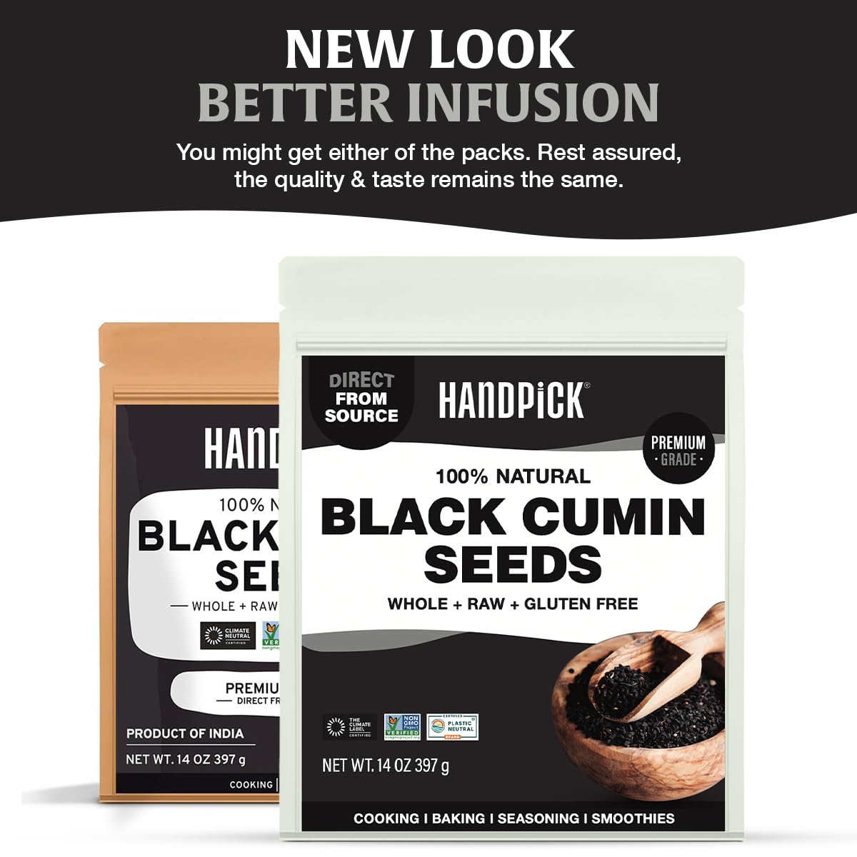HANDPICK Black Cumin Seed (14oz) Pure Nigella Seeds - No Salt or Preservatives, Non GMO | Indian Black Whole Cumin | Gluten Free, Aromatic & Farm Fresh Kalonji | Resealable Zip Lock Pouch